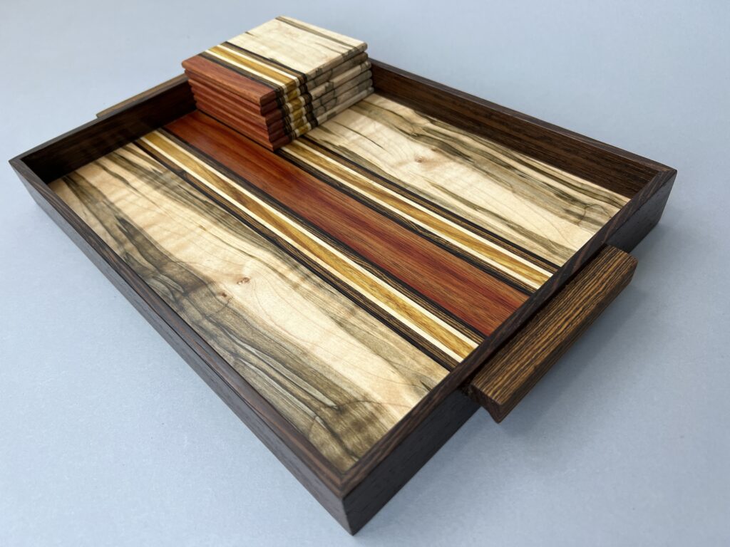 Ambrosia maple, wedge and bloodwood tray and coaster set
